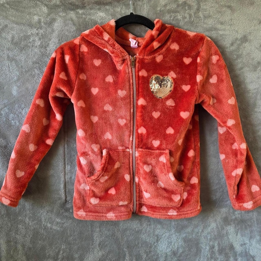Real Love Pink Heart Zip Up Hoodie Sequin Heart Accent - Size 10/12